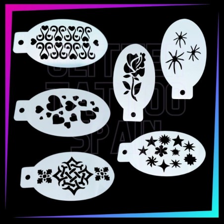 Pack de 6 plantillas Mylar reutilizables Mix Fantasía para tatuajes temporales, face painting y aerógrafo.