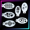 Pack de 6 plantillas Mylar reutilizables Mix Fantasía para tatuajes temporales, face painting y aerógrafo.