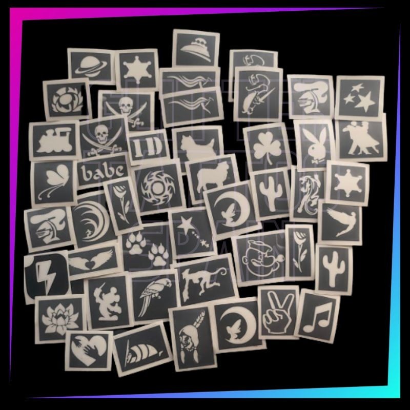 Pack of 47 self-adhesive vinyl stencils for glitter tattoos and body painting