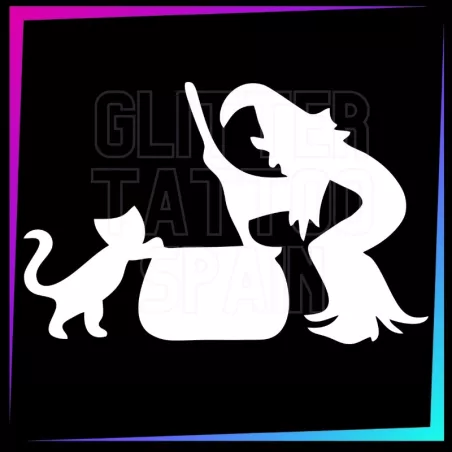 Pochoir Sorcière et Chat 0097 | Tatouage Temporaire Halloween | Glitter Tattoo Spain