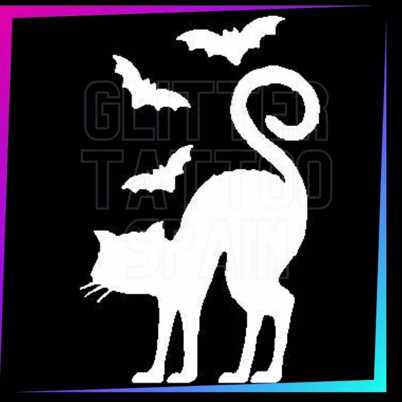 Plantilla Gato con Murciélagos | Tatuaje Temporal Halloween | Glitter Tattoo Spain