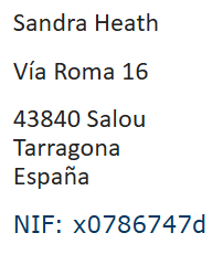 Datos fiscales de Sandra Heath, NIF X0786747D con domicilio en Via Roma 16, Salou 43840 Tarragona España